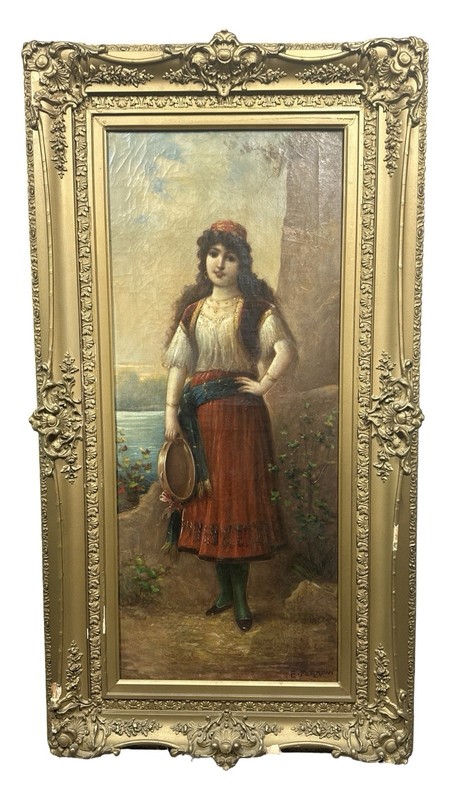 Antique ITALIAN GYPSY Musician LADY & TAMBOURINE Old EGISTO FERRONI Oil PAINTING