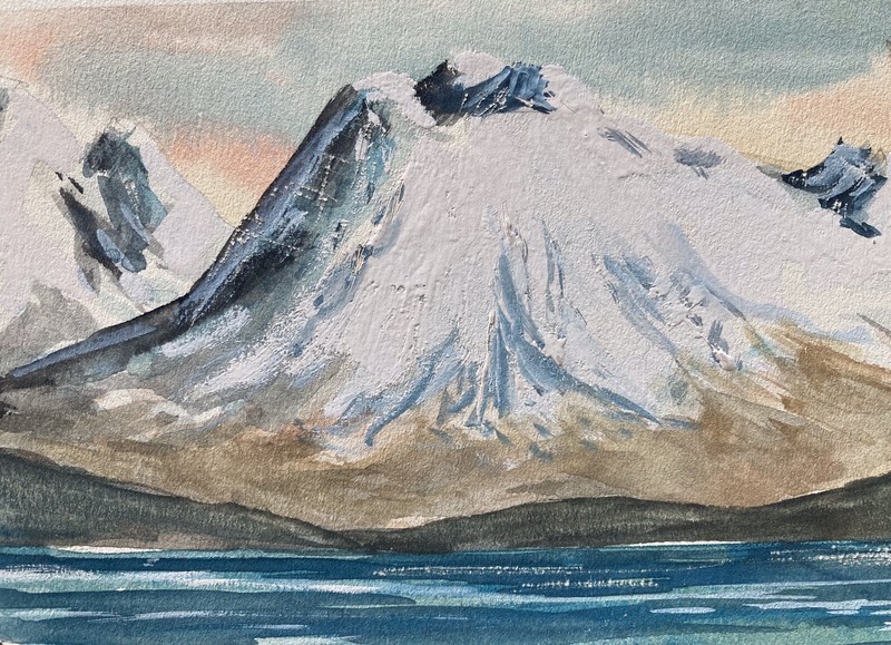 Vintage Norwegian fjord & volcano watercolor landscape signed Tinker - 10”x15” gallery