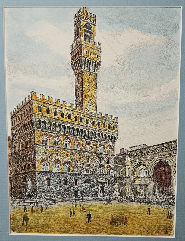 Antique by Bela Sziklay Hand-Colored Etching of Palazzo Vecchio Signed & Matted gallery