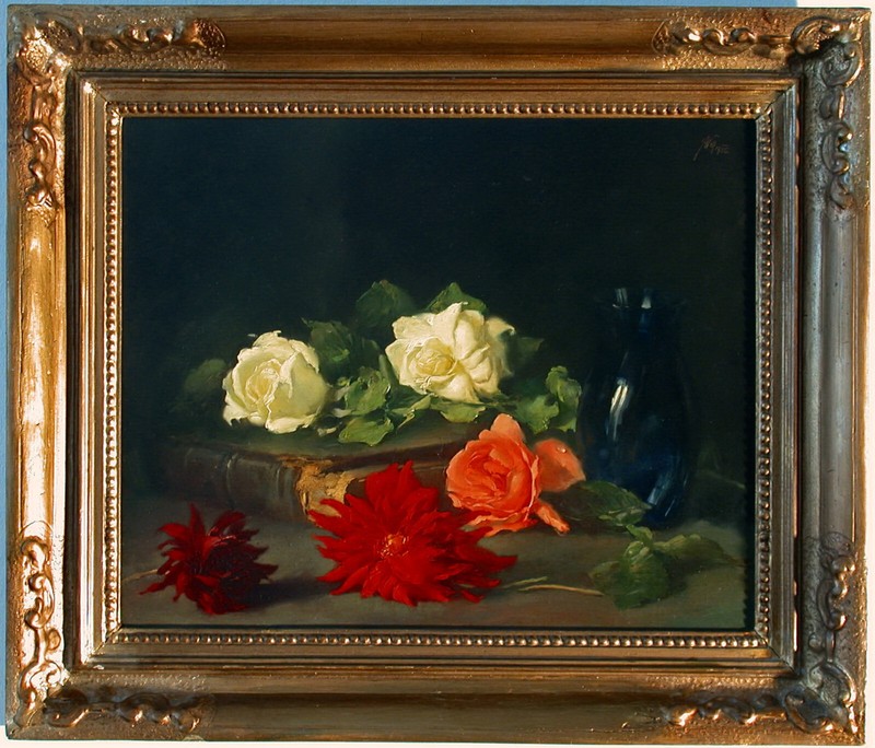 Franz Xaver Wolf (Vienna 1896-1990 ibid.) Still Life with Rose Flowers, Book and Glass