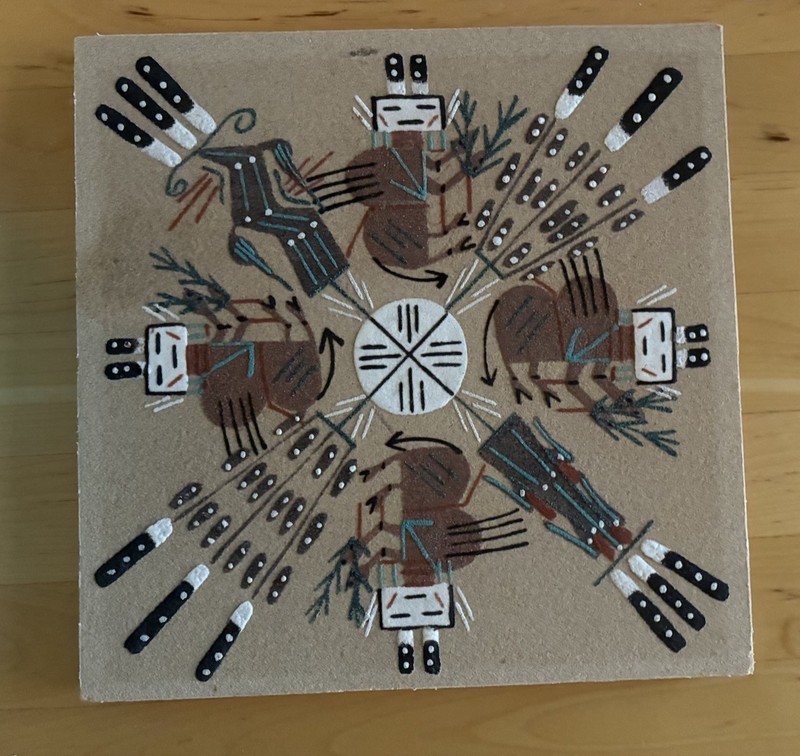Native American Navajo Sand Painting Buffalo People Signed 8″ x 8″