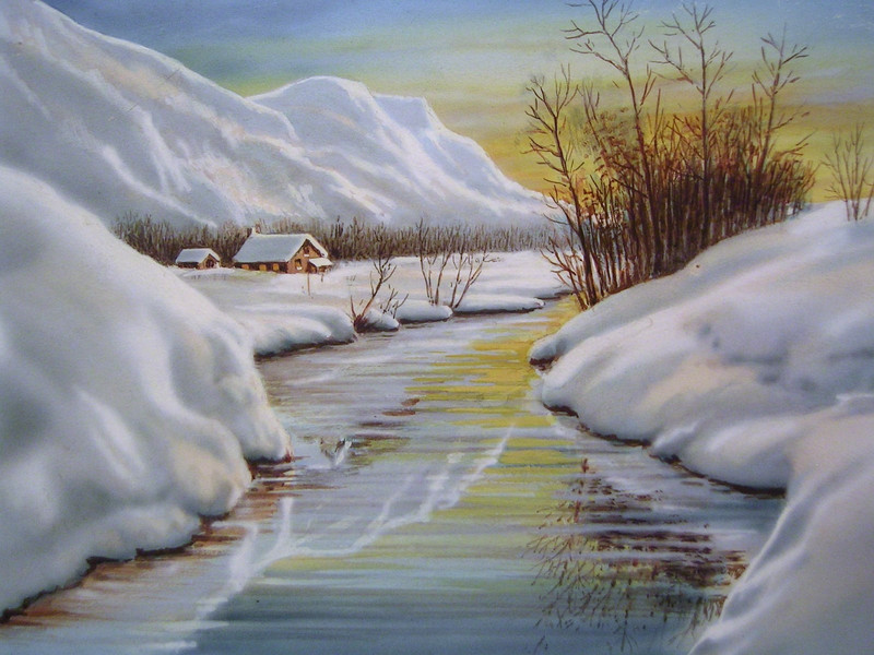 Vtg Winter Mountain Sunset Frozen Lake Scene Small Gouache Painting