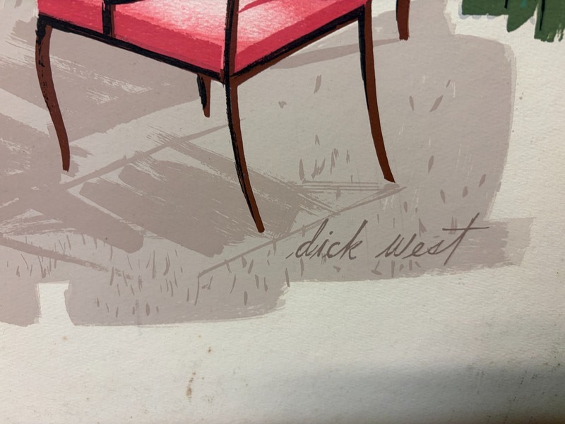 Mid Century Gouache Painting Rendering Board Signed Dick West Ad Interior Design gallery