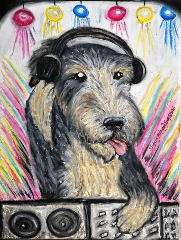 DJ Irish Wolfhound Original 9×12 Painting Oil Pastel Artist KSams Dog Art Rave