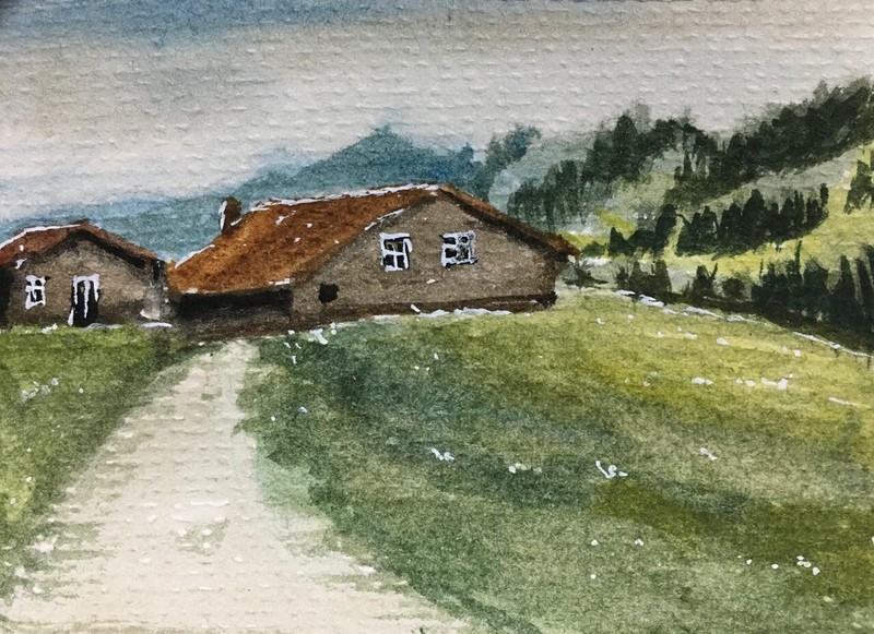 ACEO Original Painting Signed Landscape Art Card Barn House On Hill OOOK