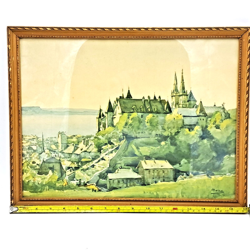 Neuchâtel Castle Switzerland-Water Color Painting-Maza - 17in x1 3 In -Framed gallery