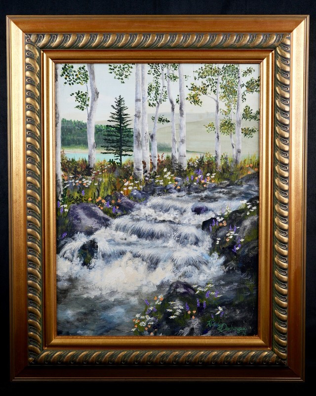 Vintage Framed Original Landscape Acrylic on Board «Aspen Stream in Spring»