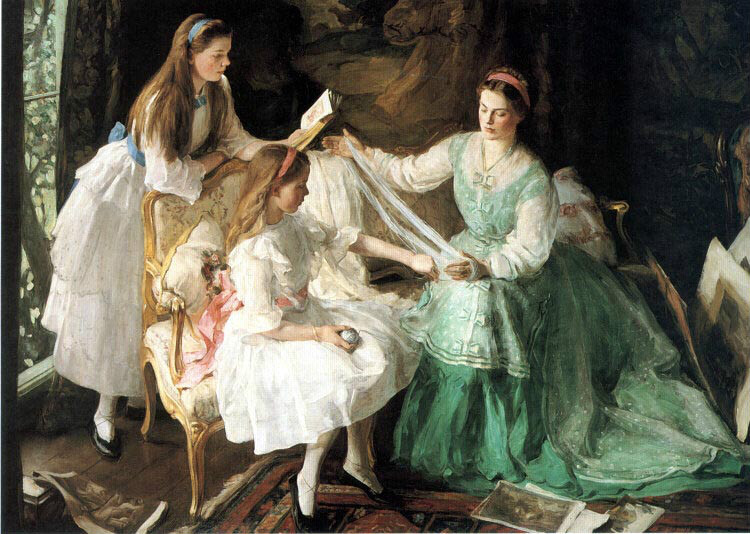 Oil painting Hand painted young women with little girl A Tangled Skein