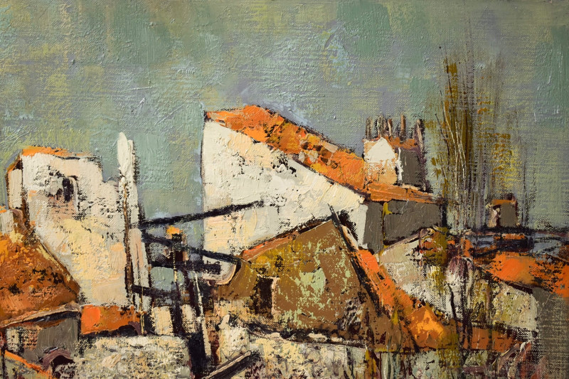 1969 French Oil Painting Village Landscape Jacques Sokol Signed Impressionist gallery