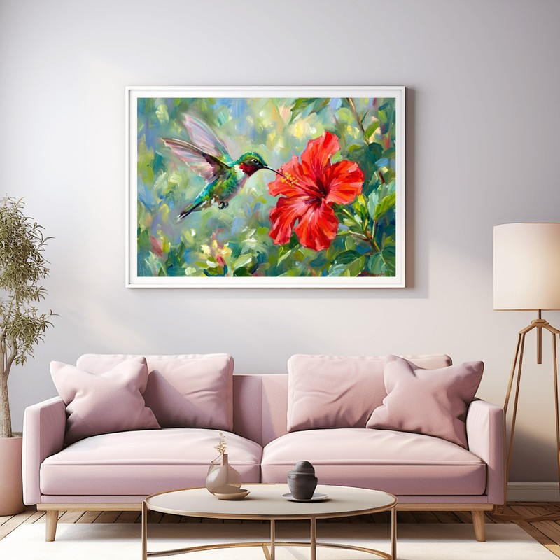 Hibiscus Flower and Hummingbird Oil Painting 16x20 Framed Canvas Panel gallery