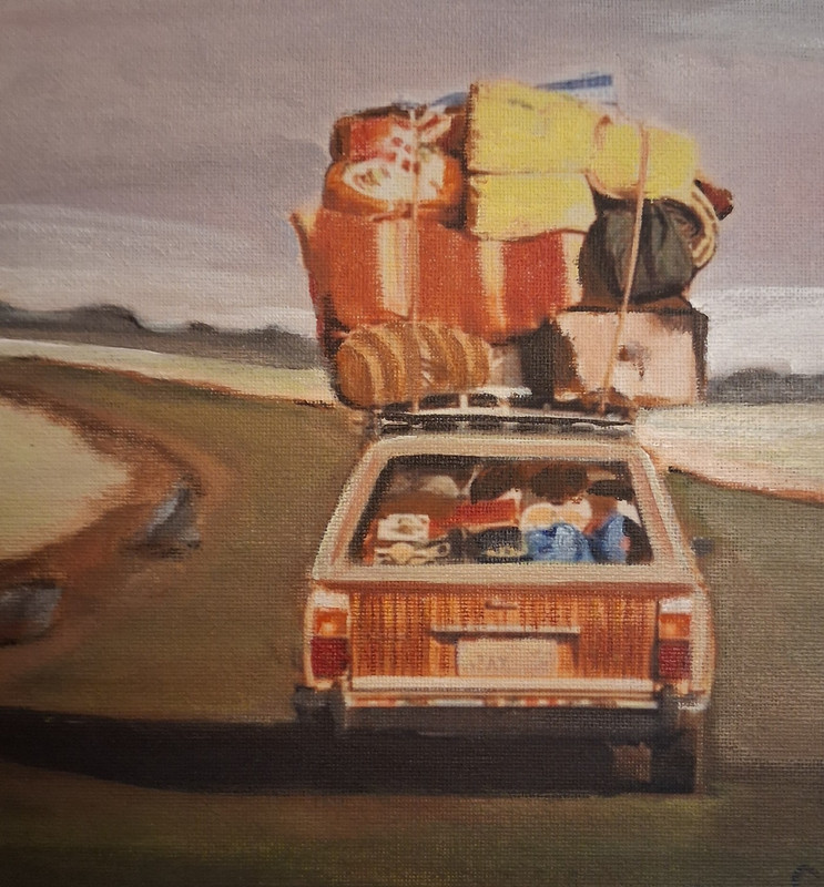 Original painting by Stacy Singleton station wagon. Are We there yet? 8.5×11