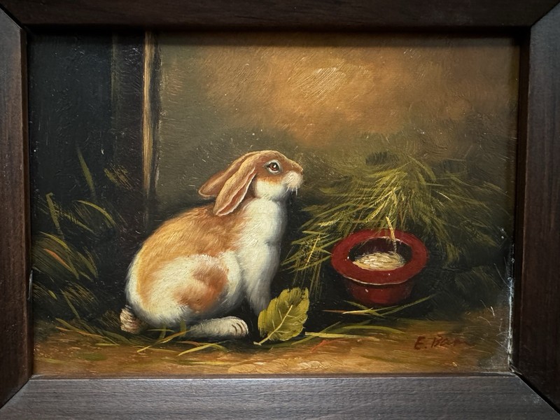 Signed Oil on Board Bunny Rabbit Painting, Frame size 15 1/2" x 13 5/8" gallery