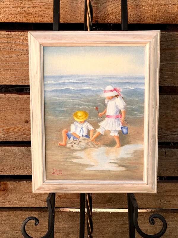 MARCY WRIGHT, Original Painting of Young Boy & Young Girl Playing on the Beach.