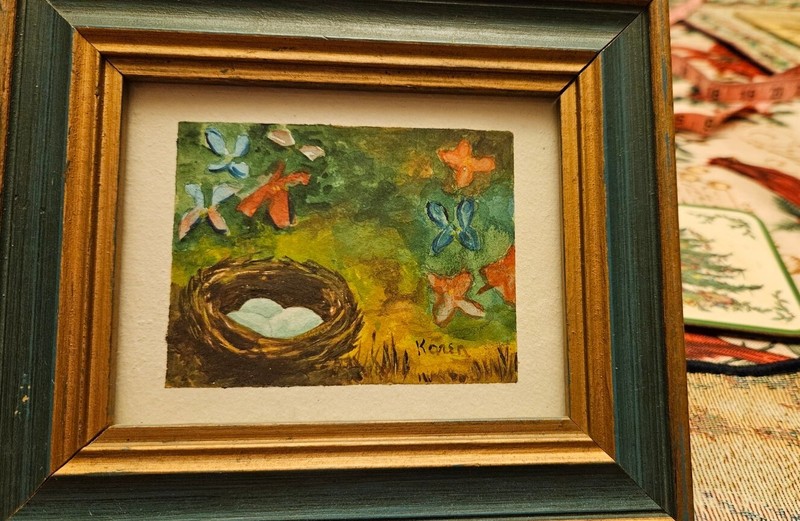 Vtg 1980 Original Mini Watercolor Birds Nest & Flowers Framed & Signed 6″ X 7″ W