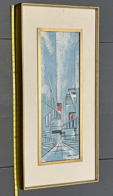 Chas Stone Geometric Abstract Industrial Painting MCM 33.5”x15.5” Blue Signed gallery