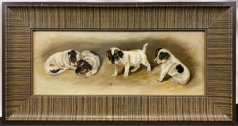 Antique 19th C. American Jack Russell Terrier Puppies & Spider Oil Painting Dogs