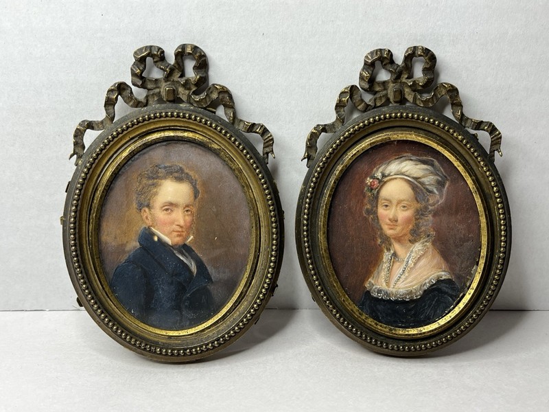 PAIR Antique Portrait Miniatures Man & Woman Dublin Ireland by FH Mares Irish