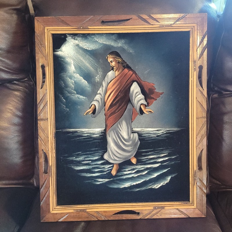 Vintage Framed Jesus Christ Walking On Water Velvet Painting 19”x23” MCM