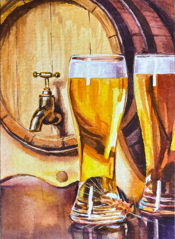 Watercolor Painting Still Life Beer Glass Wooden Barrel ACEO Art No.183