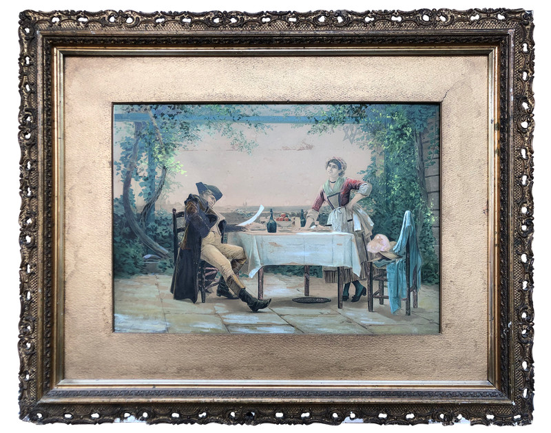 Rare Antique Tempera Painting Napoleon at Saint Helena Island