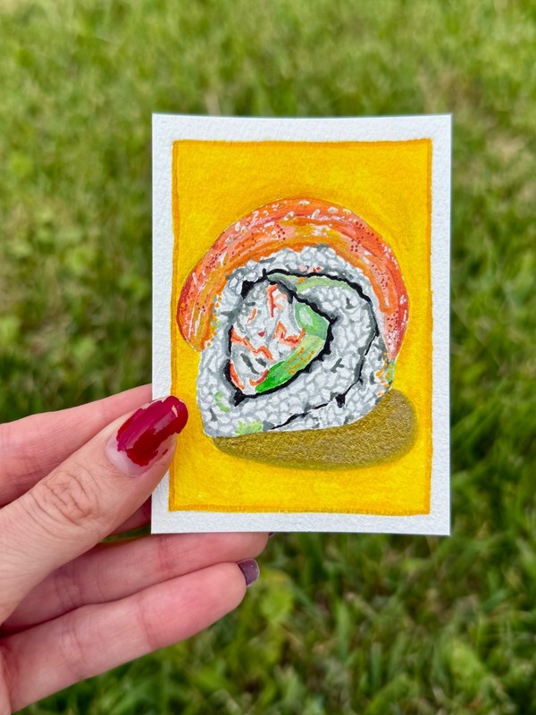 Original ACEO ATC Sushi Seafood Acrylic Paint Marker Painting Signed 2.5×3.5