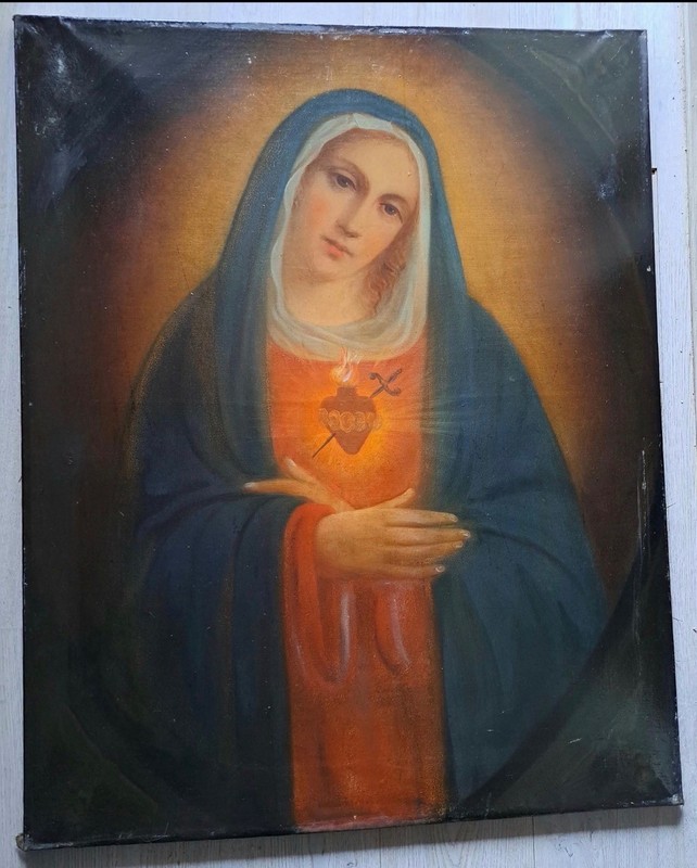 Large Antique Madonna Oil Painting on Canvas | Flemish/Dutch Religious Art gallery