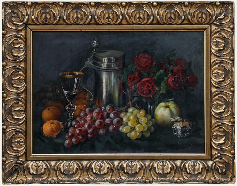 German School Early 20th Century Oil – Still life with a Jug, Roses, and Fruit