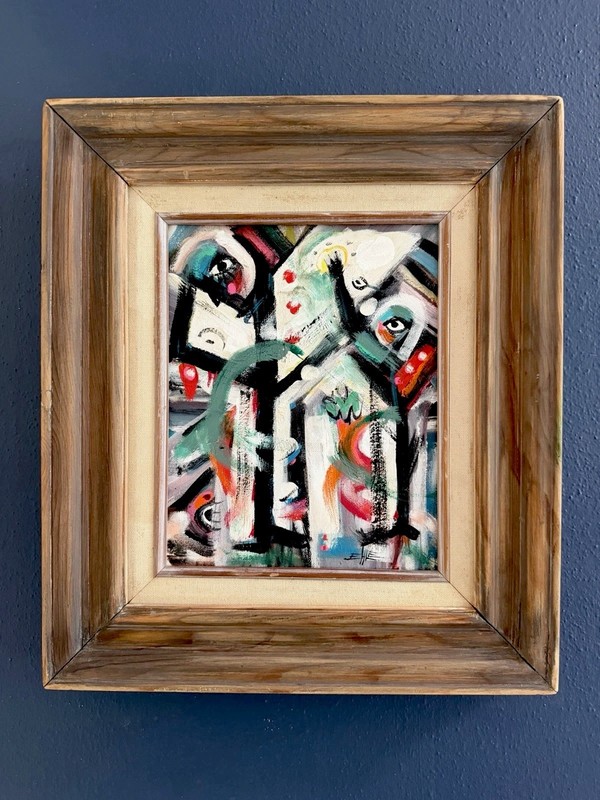 Mid Century Modern Style Abstract Surrealism Painting Vintage Frame By Ehle