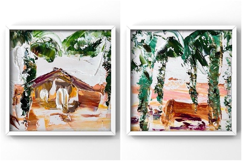 Malibu Sunset Beachside Bungalow – Pacific Coast Diptych Original Framed Artwork