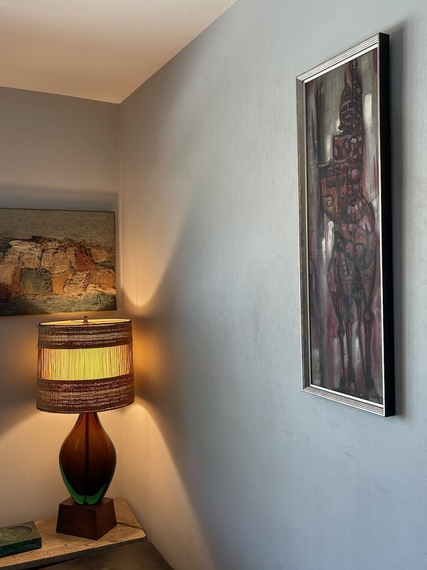 ANTIQUE MODERN ABSTRACT CUBISM OIL PAINTING OLD VINTAGE KNIGHT WARRIOR 1962 gallery