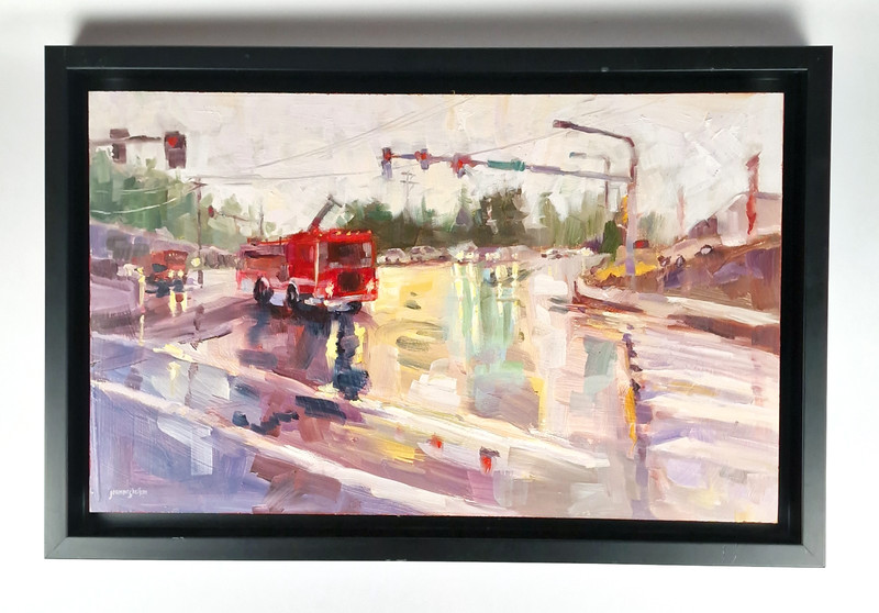 Joanne Shellan Oil Painting Fire Truck Rainy Streets PNW Artist 2012 Original