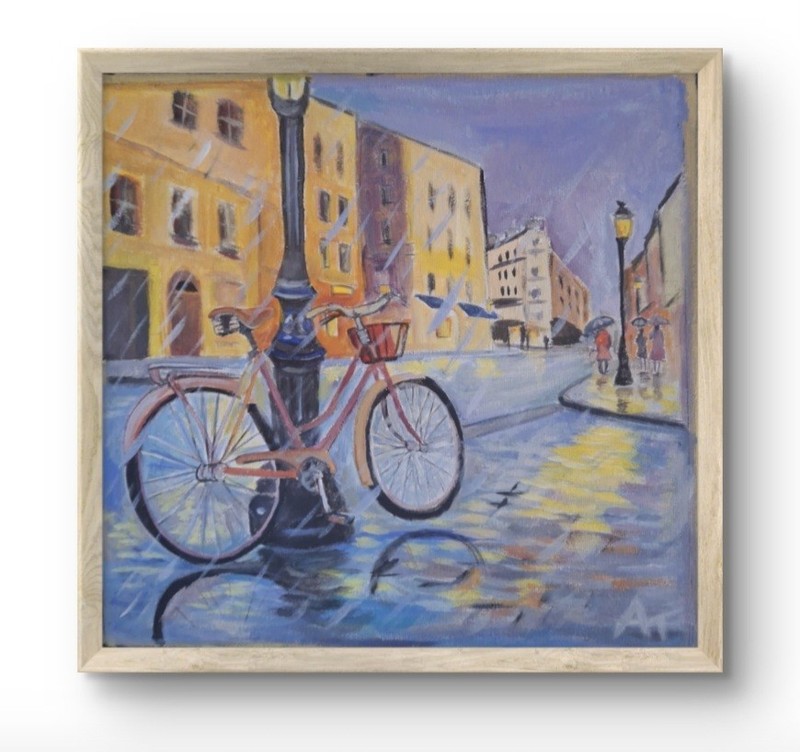 Original Painting 12×12 Rainy Bicycle Acrylic Canvas Signed Contemporary Decor