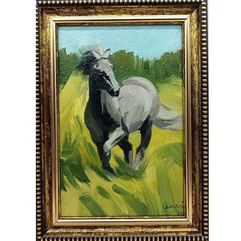 Horse original oil painting signed Wildlife Wild horse 6×4 inches