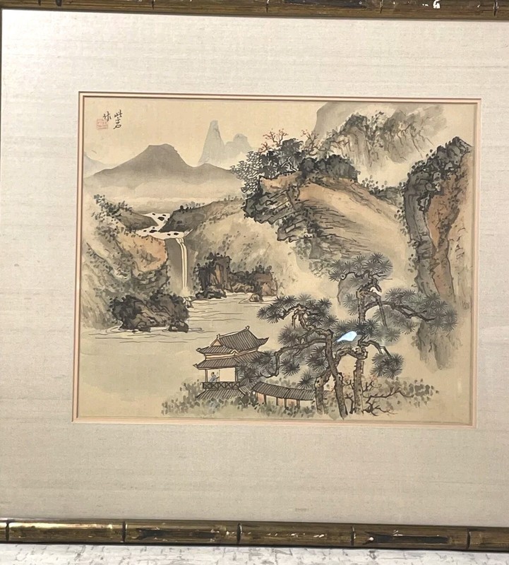 Signed Silk Chinese Landscape Painting Pagoda Mountain Guilin Scene 18.5 x 17″