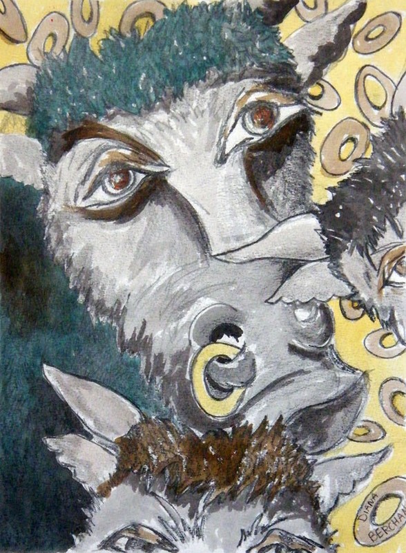 Original Taurus Zodiac Gouache (Watercolor) Painting Mixed Media Collage