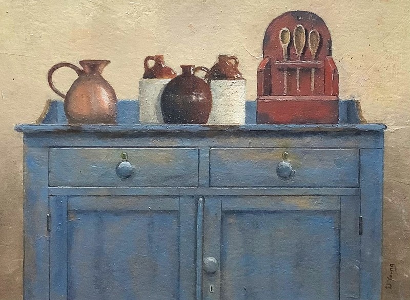 ‘ COUNTRY BLUE ‘ OLD PAINTED CUPBOARD Signed Still Life Painting of PRIMITIVES
