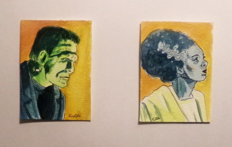 Original ACEO Set Frankenstein & Bride Watercolor Classic Horror Art Signed
