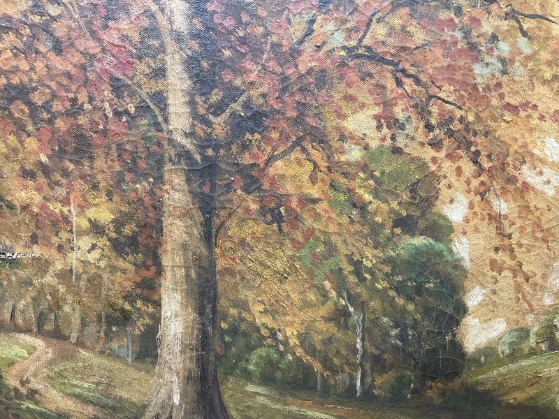 Antique Original Oil Painting Signed & Framed Forest With Stream Landscape As Is gallery