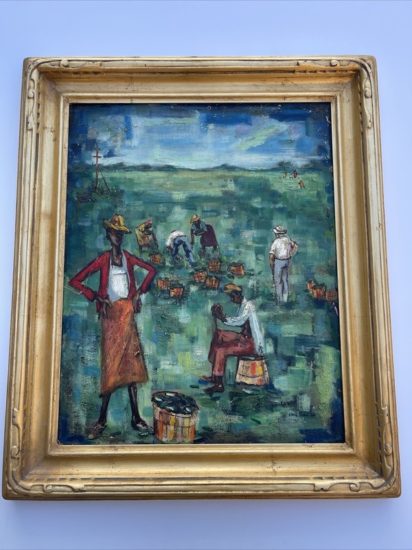 ANTIQUE WPA STYLE PAINTING FARM LANDSCAPE BLACK AMERICANA REGIONALISM LISTED OIL