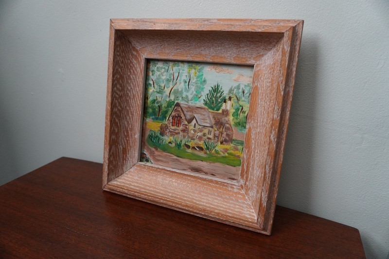 Vintage 1953 Ruth Jones Folk Art Stone House Painting Wood Framed Square Signed