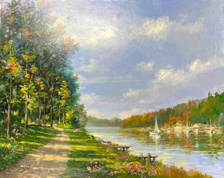 Alex Perez River Promenade Original Oil On Canvas Landscape Art