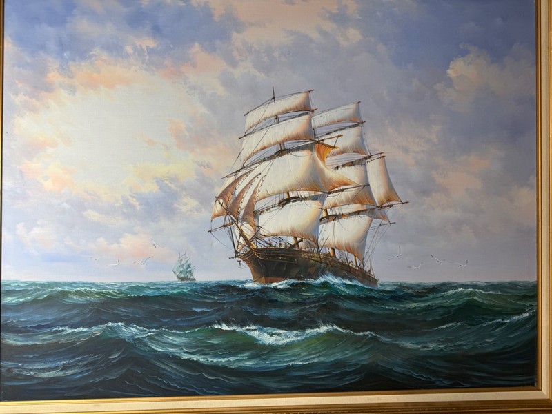 Huge "Two Clipper Ships At Sea Scene" Oil Painting - Signed And Framed gallery