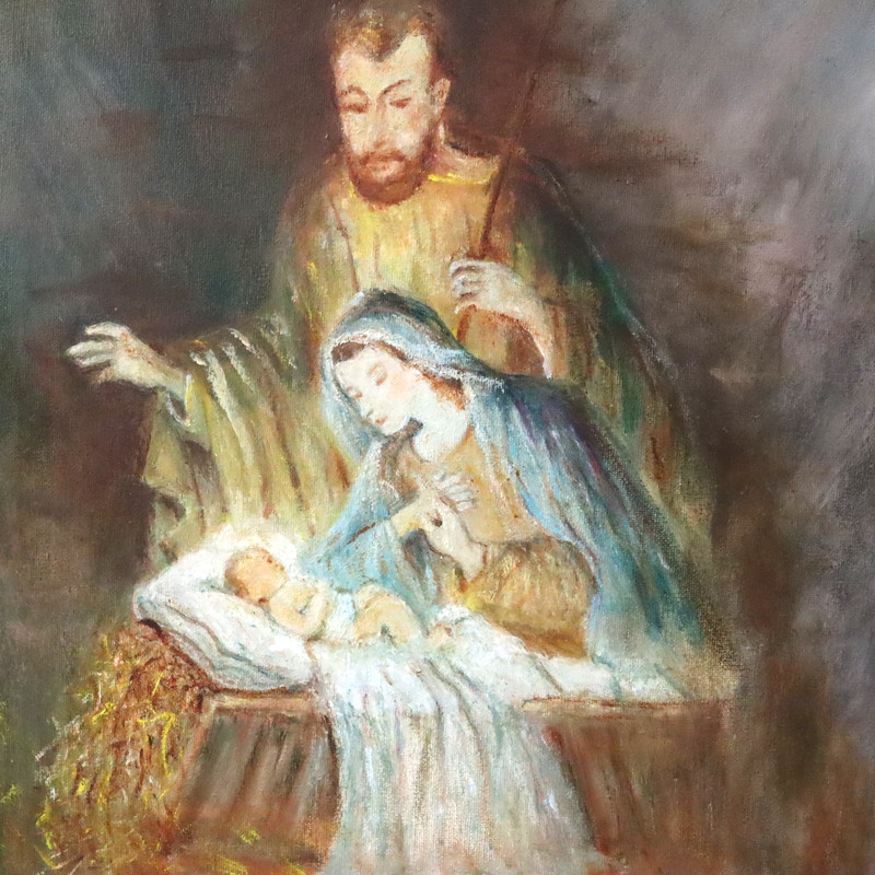 Vintage Original Oil On Canvas Painting Nativity Scene Mary Joseph Baby Jesus