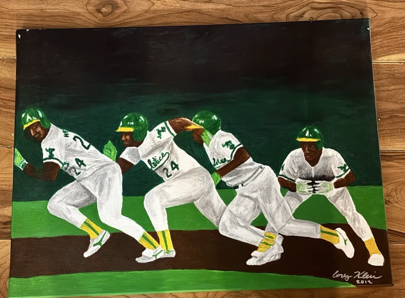 18 X 24 Inch Acrylic Painting On Canvas Of Rickey Henderson In Action
