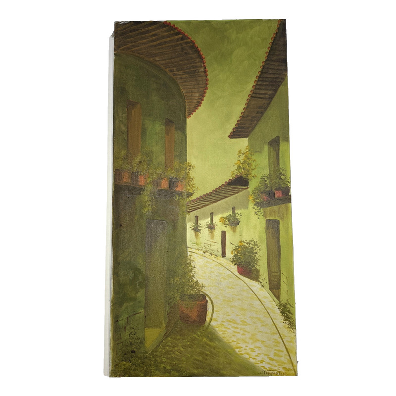 Manuel Toapanta R. Oil Painting Path Through Buildings Impressionism 12×24″