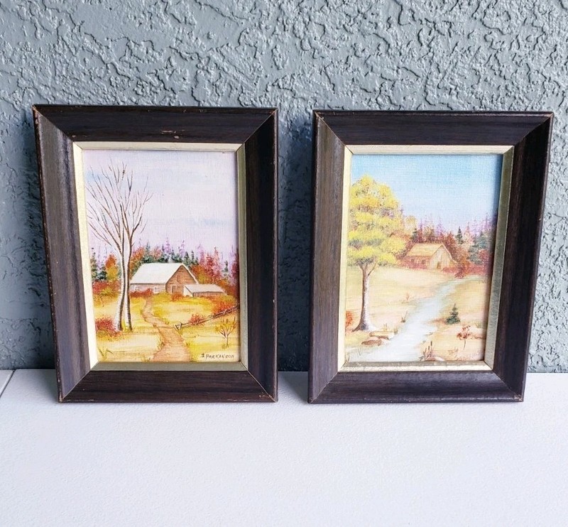 Pair of 1980s Original Signed & Framed Acrylic Paintings Country Road Landscape