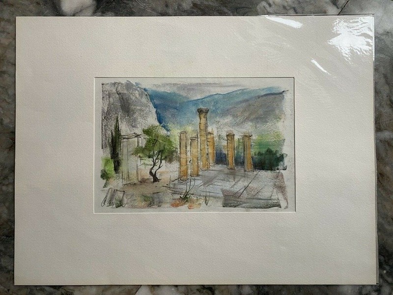 Franz Ehmke *1928 -2018 °Greece Delphi Columns Plateau Mountains Gray Signed gallery