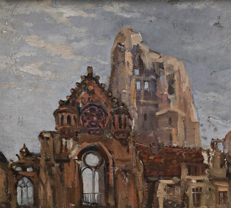 Dirk Jansen Oil On Cardboard Painting, Signed, Church Ruins Framed gallery