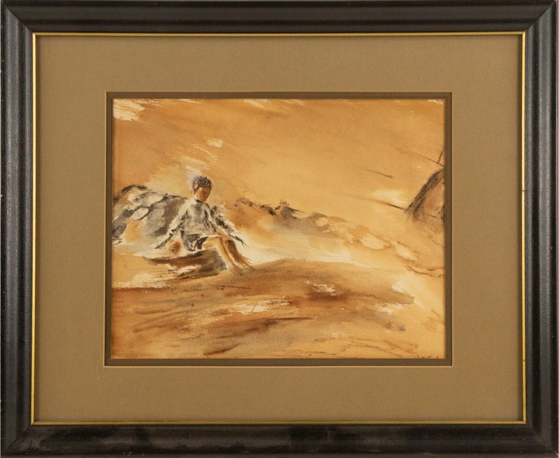 Original 1967 Boy on Beach TO BE ALONE Watercolor Painting by BILL GRAF