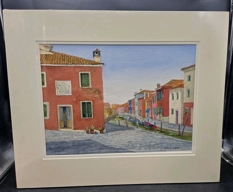 June L. Webb Watercolor European Street Scene Matted & Signed